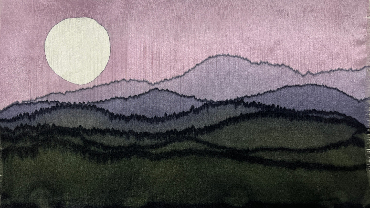 "Mountain Summer Moonrise” - Hand-dyed Silk Wall Hanging - $125