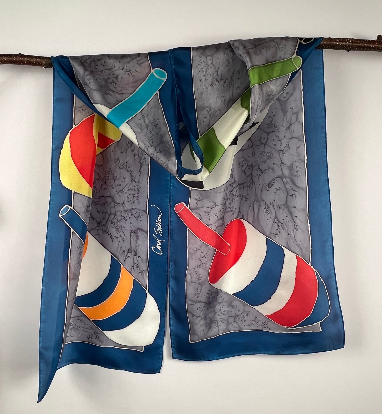 “Maine Lobster Buoys” - Hand-dyed Silk Scarf - $140