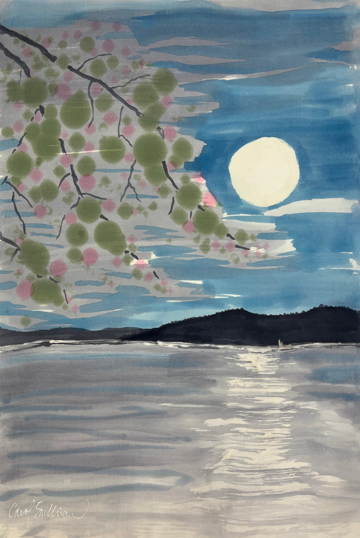 "Cherry Blossom Moon” - Hand-dyed Silk Wall Hanging - $255