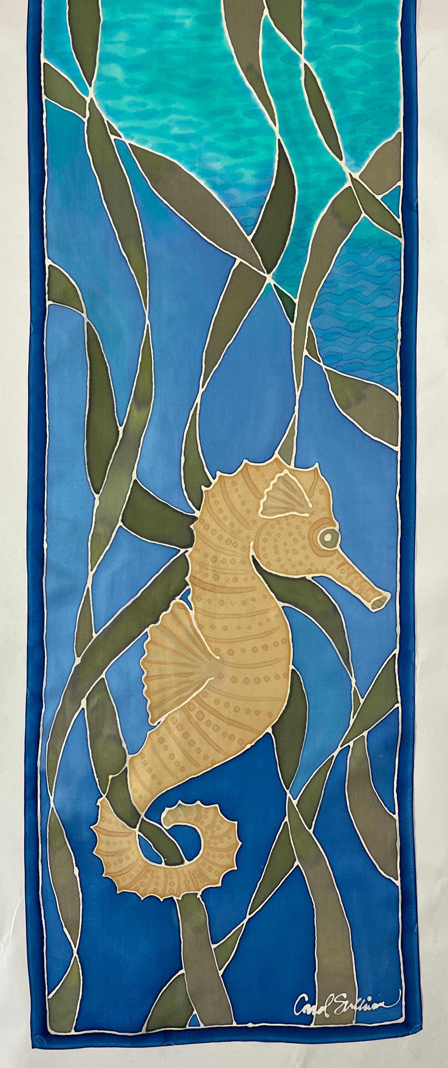 "Seahorse Riding the Kelp” - Hand-dyed Silk Wall Hanging - $365