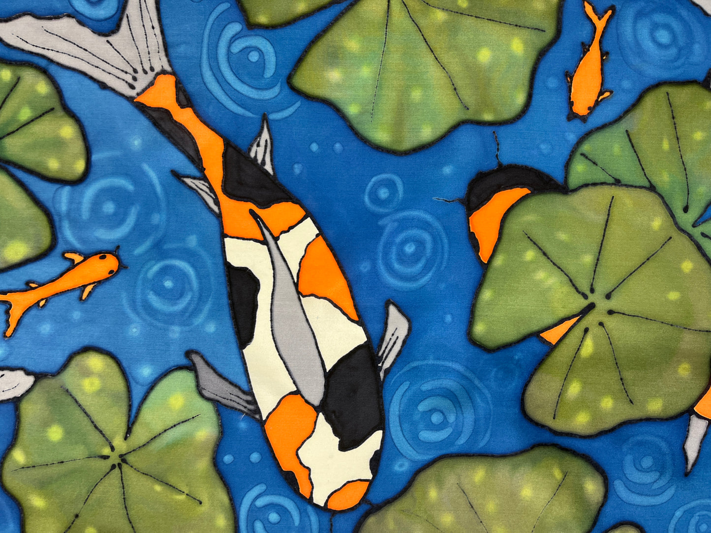 "Koi in Rainy Pond” - Hand-dyed Silk Wall Hanging - $365