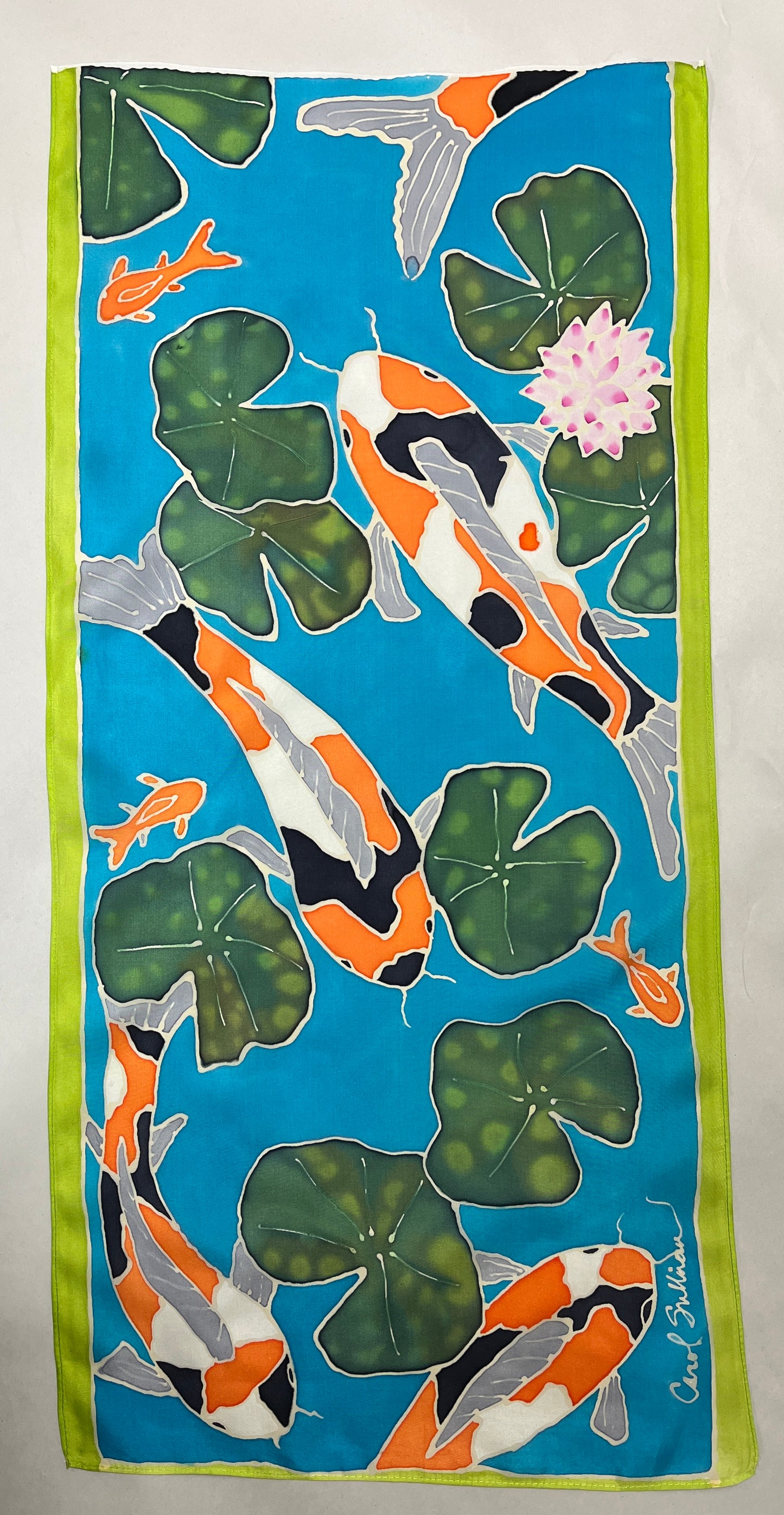 "Aqua Pond Koi” - Hand-dyed Silk Wall Hanging - $365