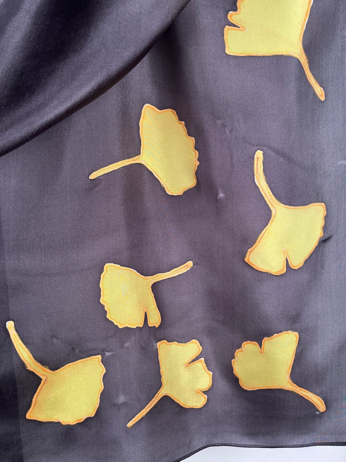 “Golden Gingko on Black" - Hand-dyed Silk Scarf - $135