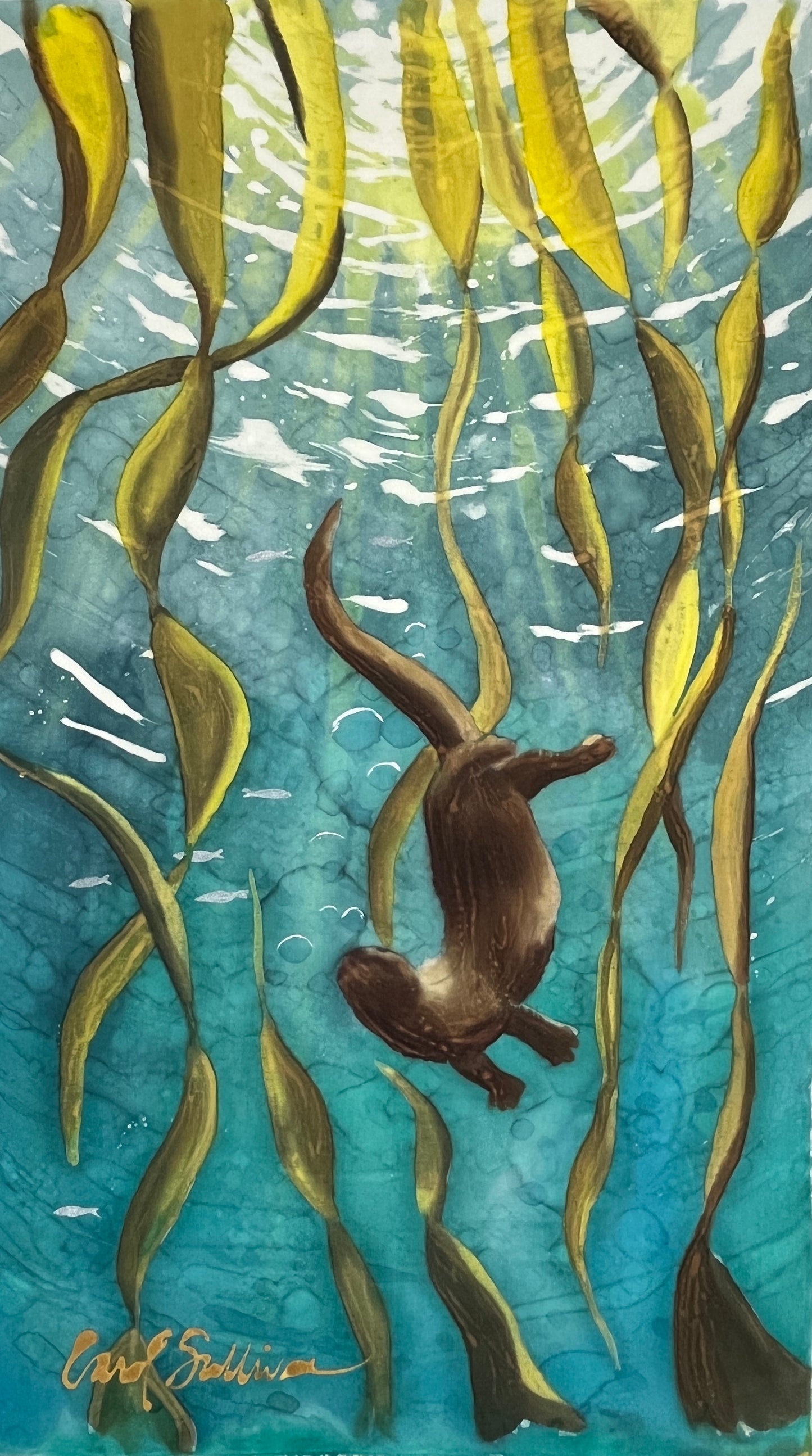 “Otter Frolic” - Hand-dyed Silk Wall Hanging - $250