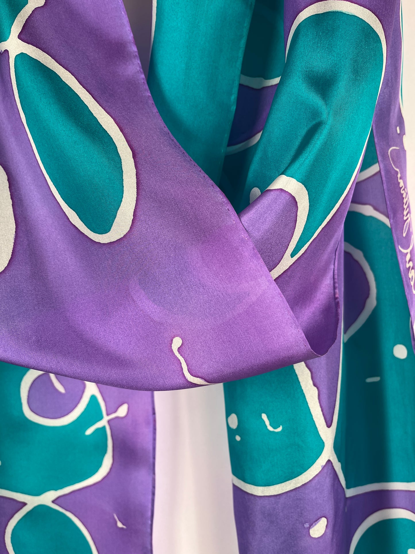 “Purple and Green Noodling” - Hand-dyed Silk Scarf - $125