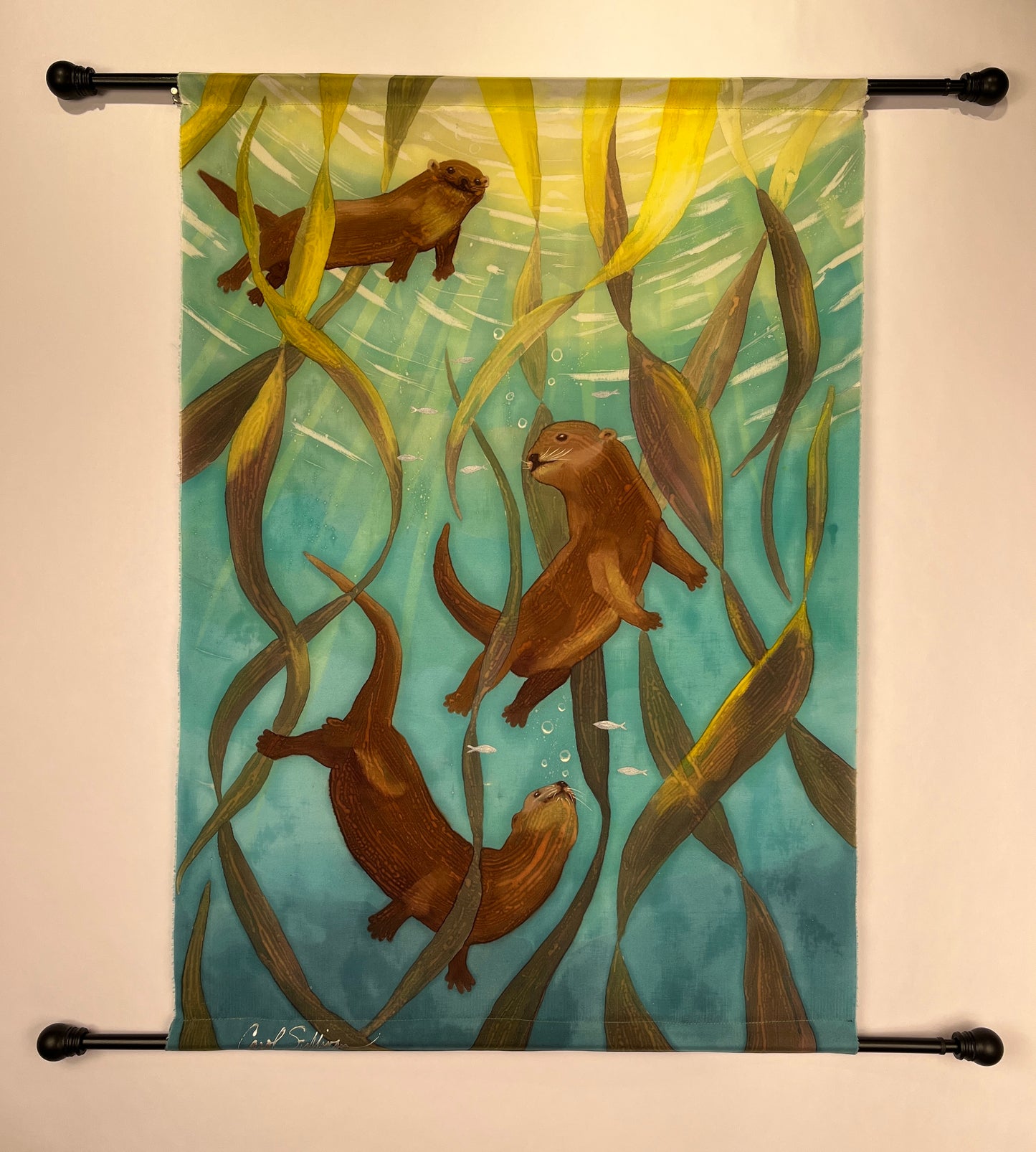 “Otters Playing in Kelp” - Hand-dyed Silk Wall Hanging - $850