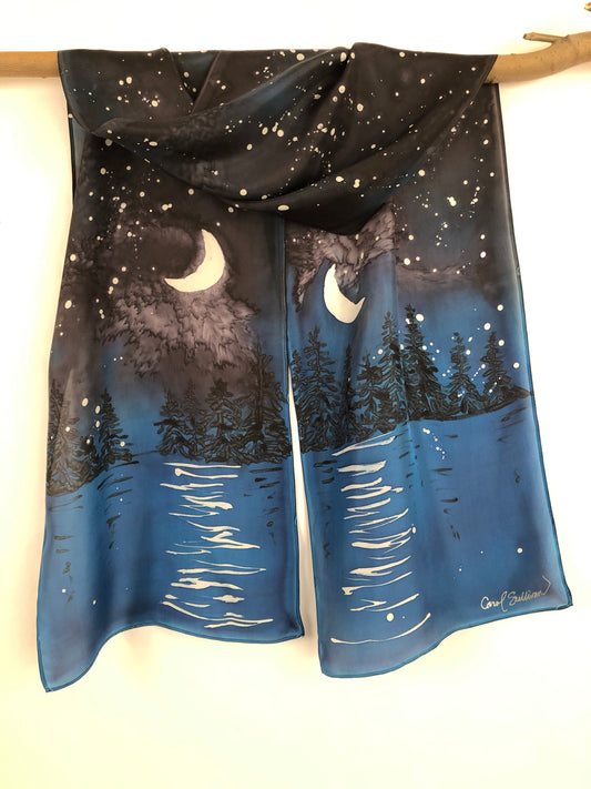 "Evening at the Lake" - Hand-dyed Silk Scarf - $135