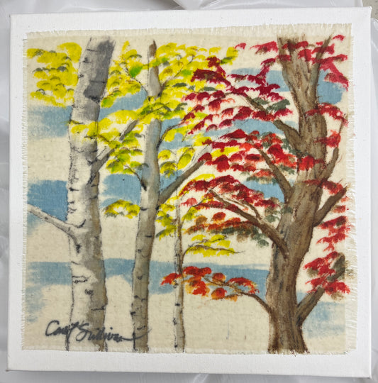 "Autumn Birch and Maple" - Painting on Raw Silk - $135