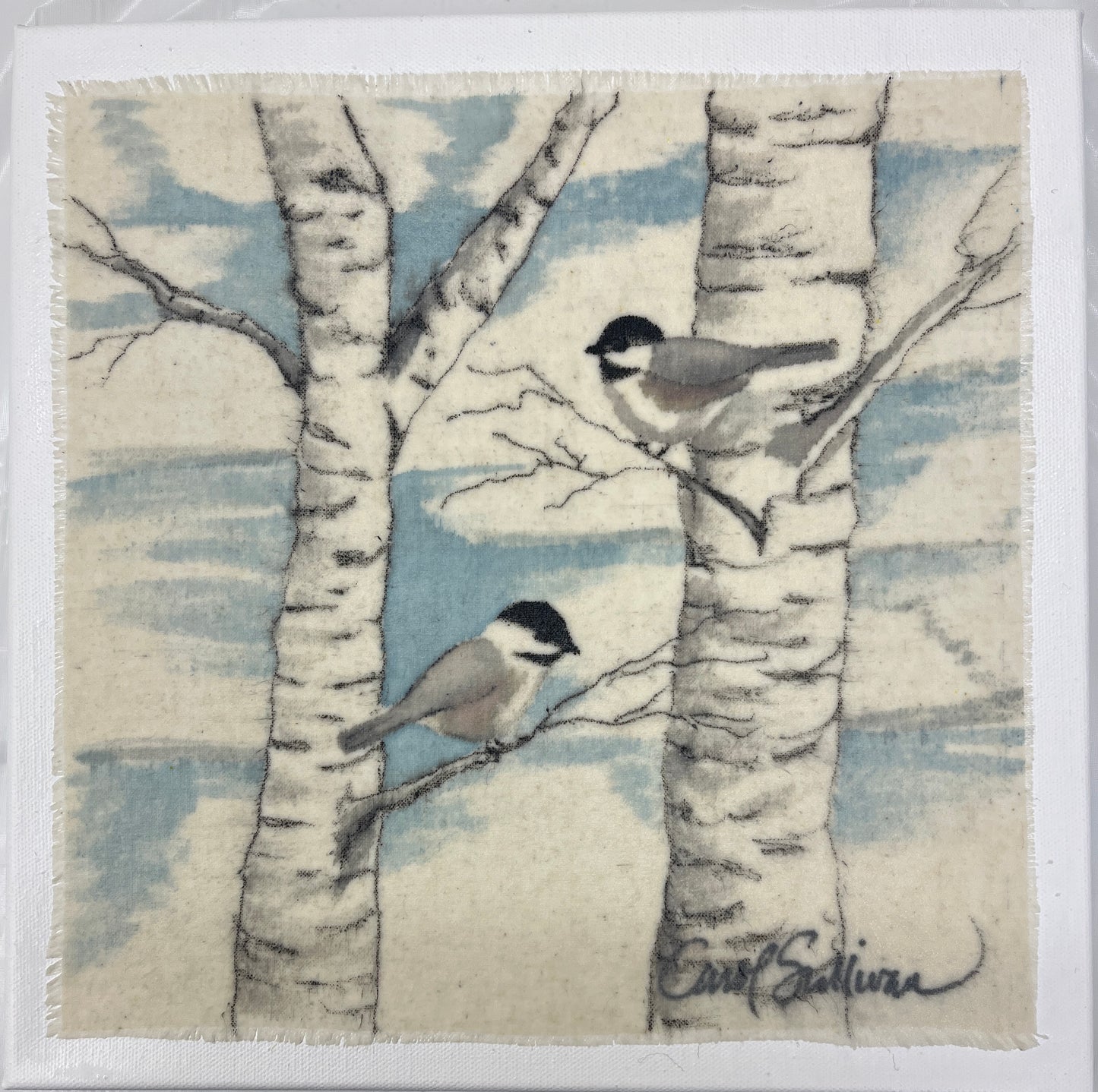 "Chickadees on Birches" - Painting on Raw Silk - $135