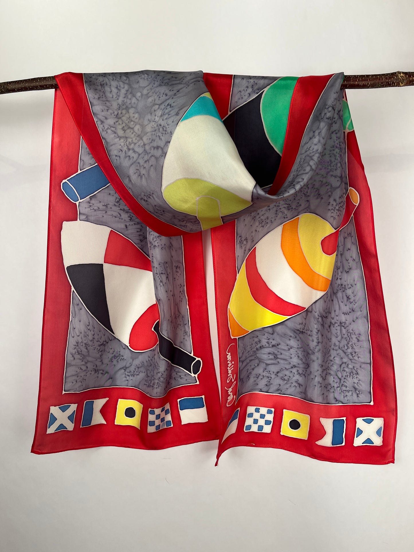 “Lobster Buoys w/ Code Flags" - Hand-dyed Silk Scarf - $140