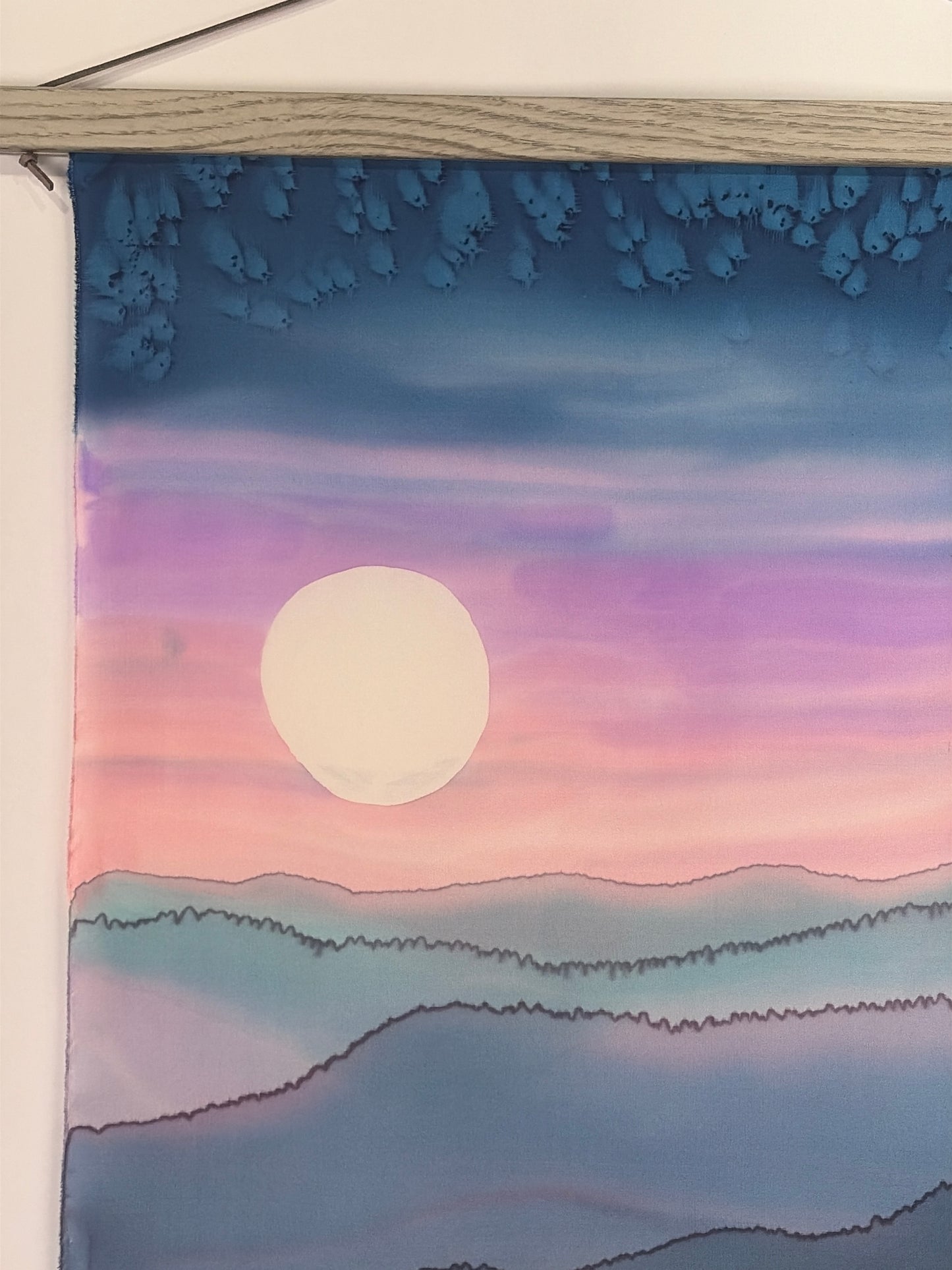 "Summer Mountain Moonrise” - Hand-dyed Silk Wall Hanging  - $350
