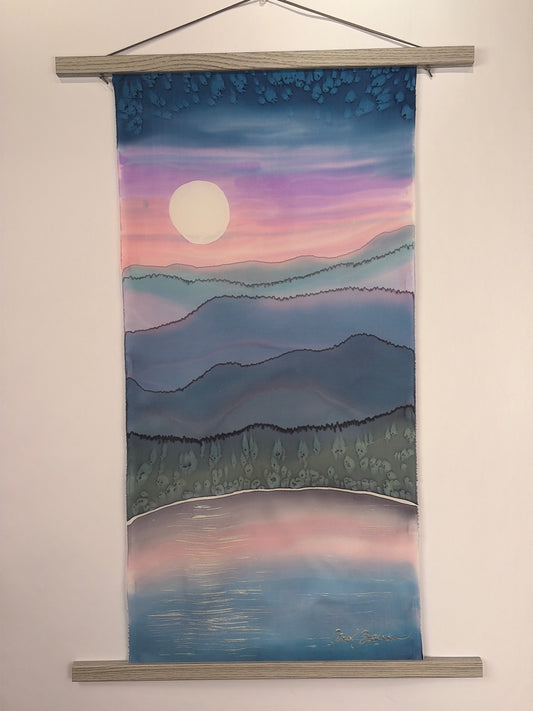 "Summer Mountain Moonrise” - Hand-dyed Silk Wall Hanging  - $350