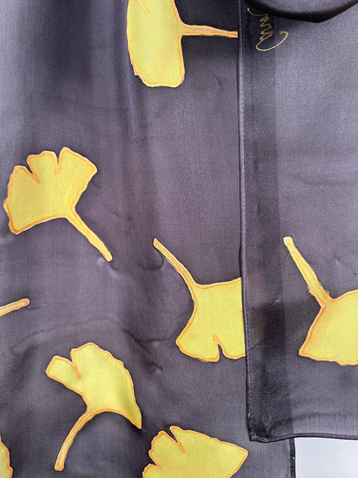 “Golden Gingko on Black" - Hand-dyed Silk Scarf - $130