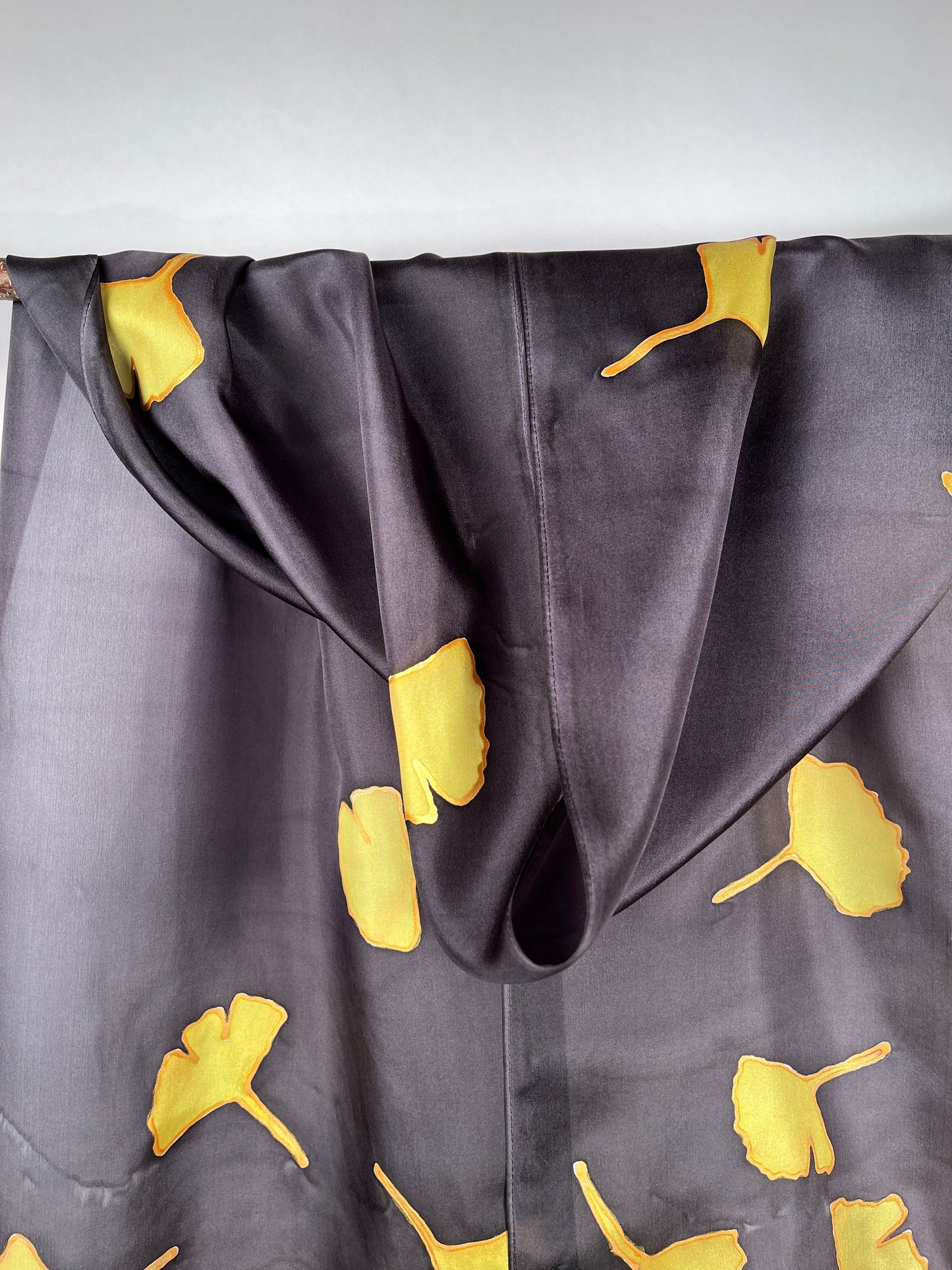 “Golden Gingko on Black" - Hand-dyed Silk Scarf - $130