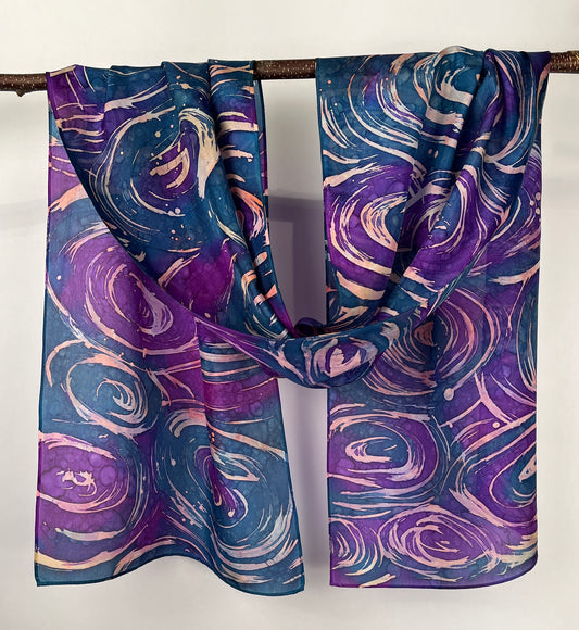 “Evening at the Lake Ripple Effect” - Hand-dyed Silk Scarf - $130