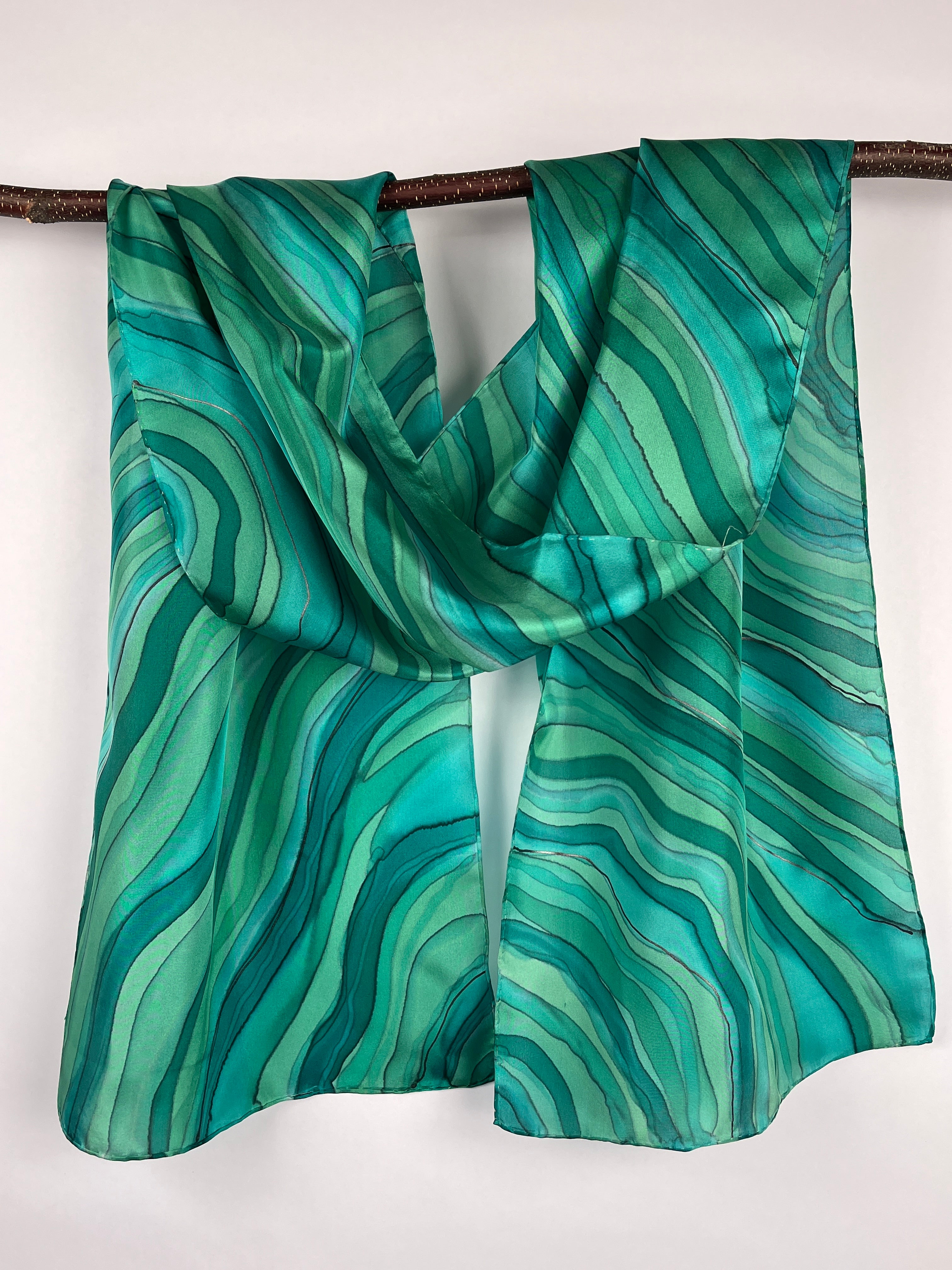 Hand Painted Silk Scarf, Long Silk Scarf, Colorful scarf with green leaves, Handmade shops accessory