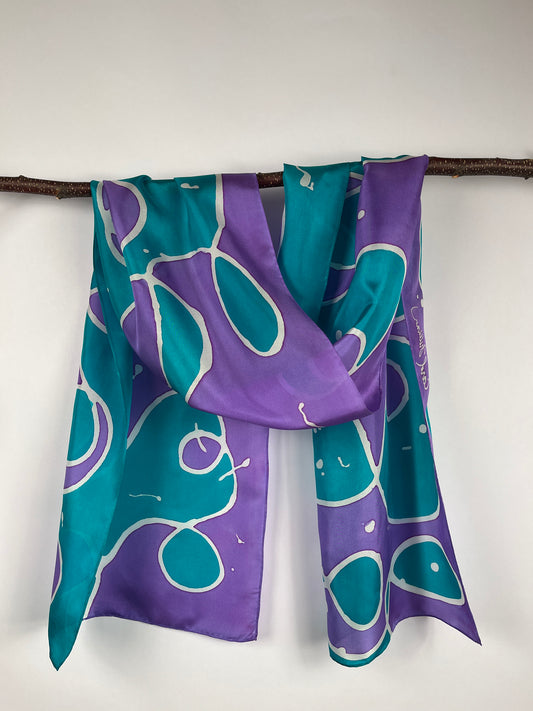 “Purple and Green Noodling” - Hand-dyed Silk Scarf - $125
