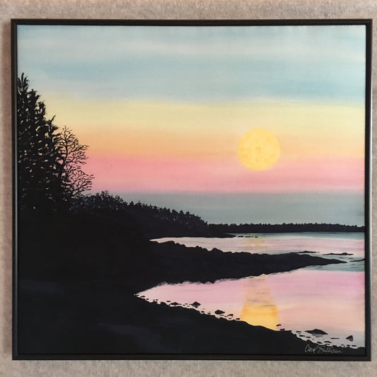 "Winter Moonrise Over Duck Trap Harbor" - Painting on Silk - SOLD
