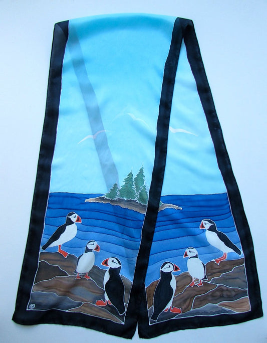"Puffin Power" - Hand-dyed Silk Scarf - $150