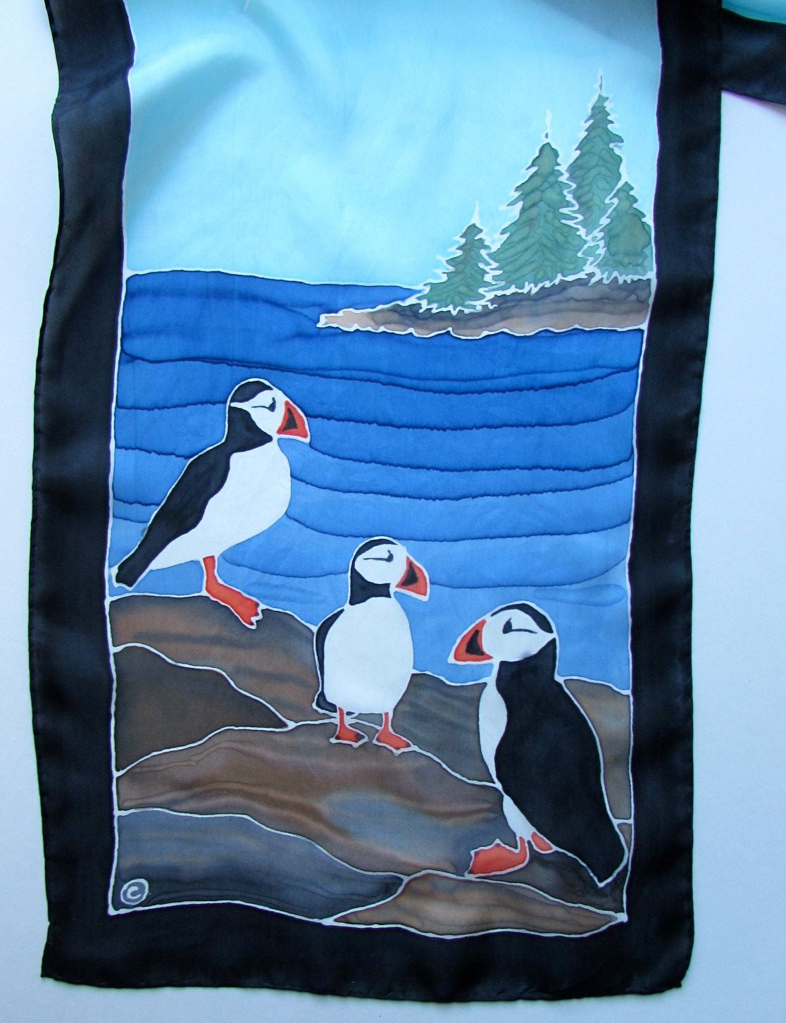 "Puffin Power" - Hand-dyed Silk Scarf - $150