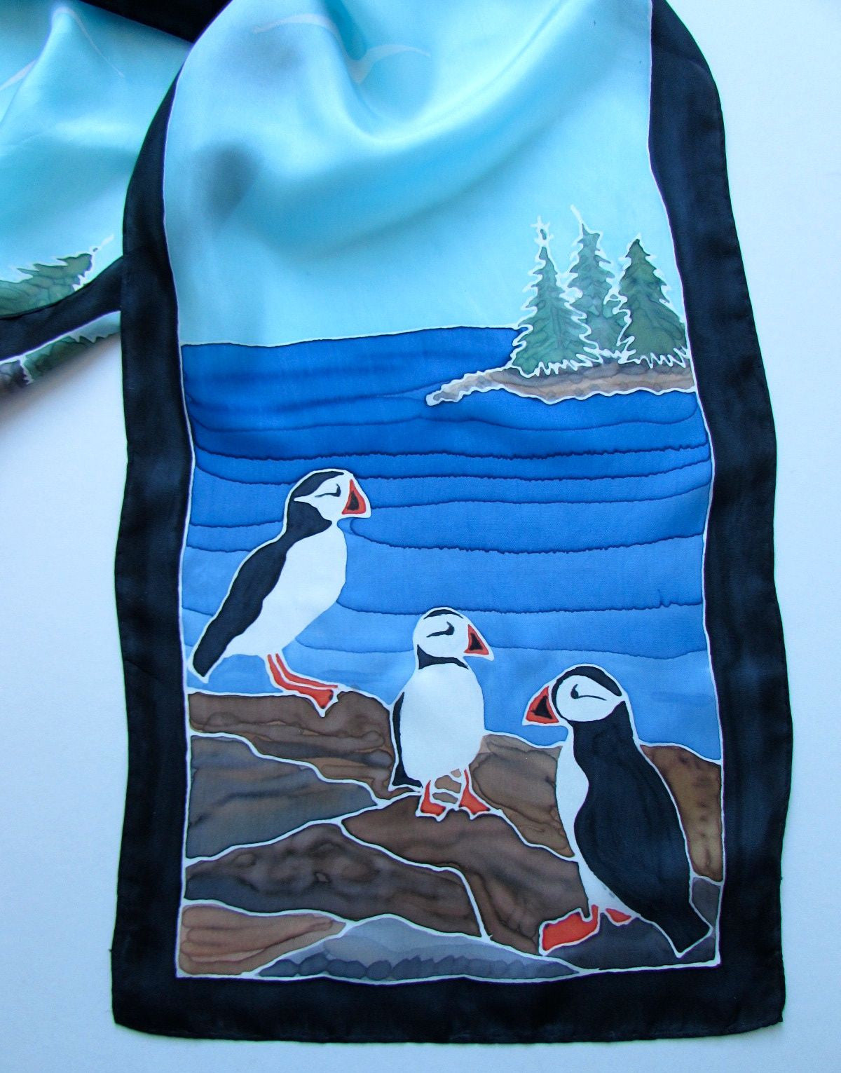 "Puffin Power" - Hand-dyed Silk Scarf - $150