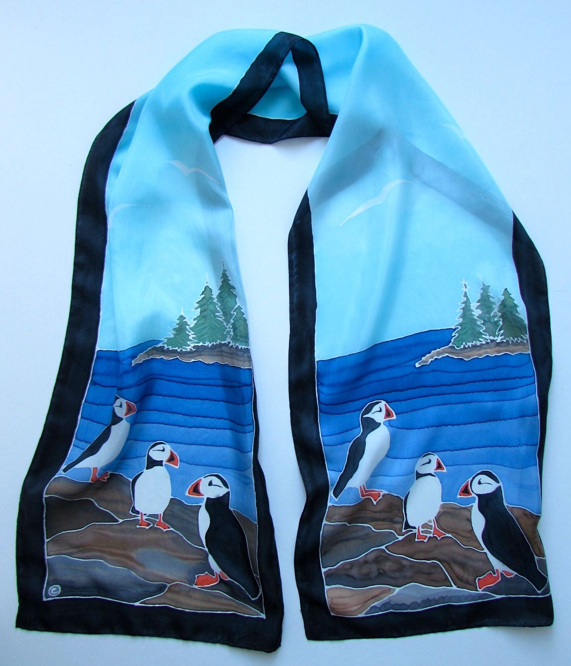 "Puffin Power" - Hand-dyed Silk Scarf - $150