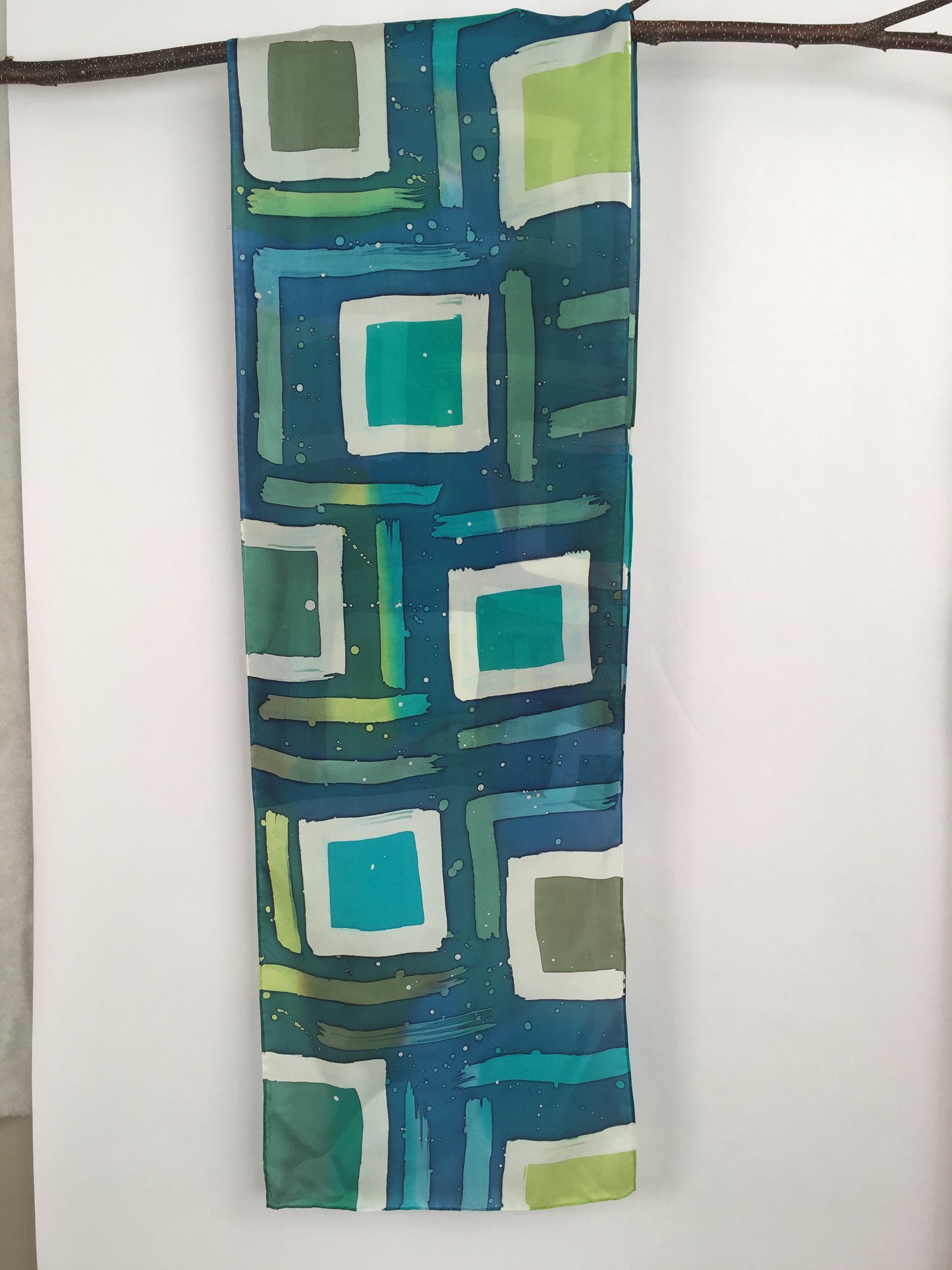 "Green Mod Squares" - Hand-dyed Silk Scarf - $125
