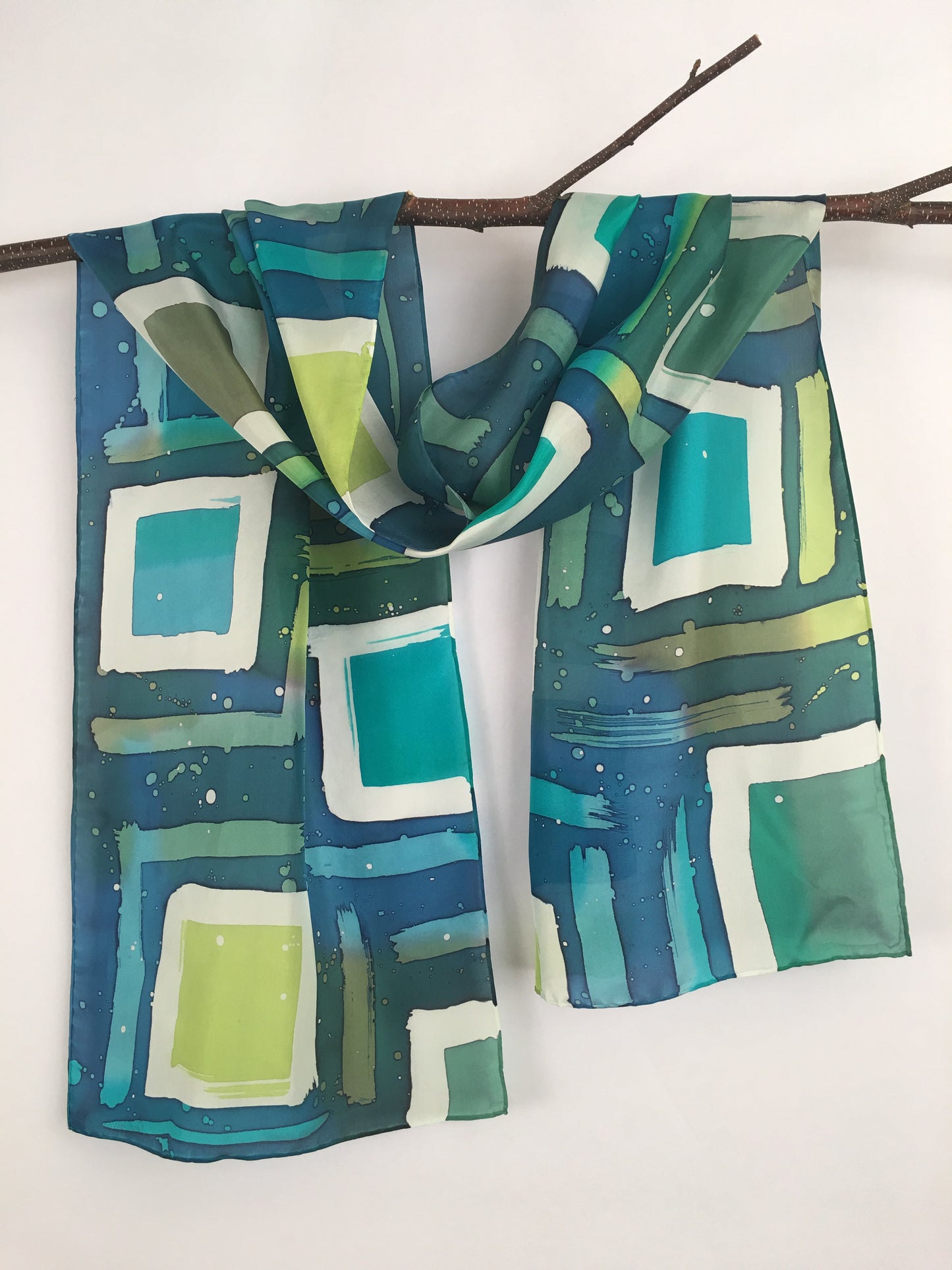 "Green Mod Squares" - Hand-dyed Silk Scarf - $125