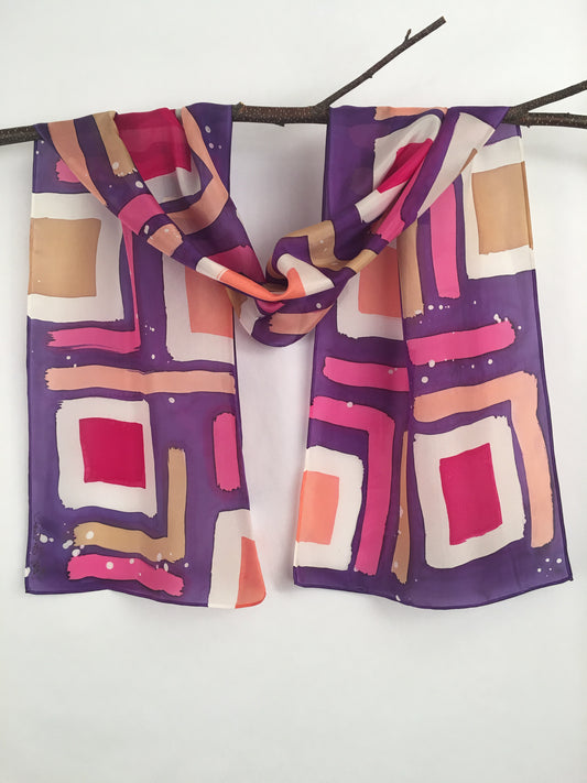 "Purple Mod Squares" - Hand-dyed Silk Scarf - $125