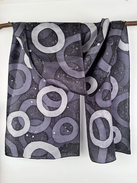 "Circles of Gray" - Hand-dyed Silk Scarf - $125