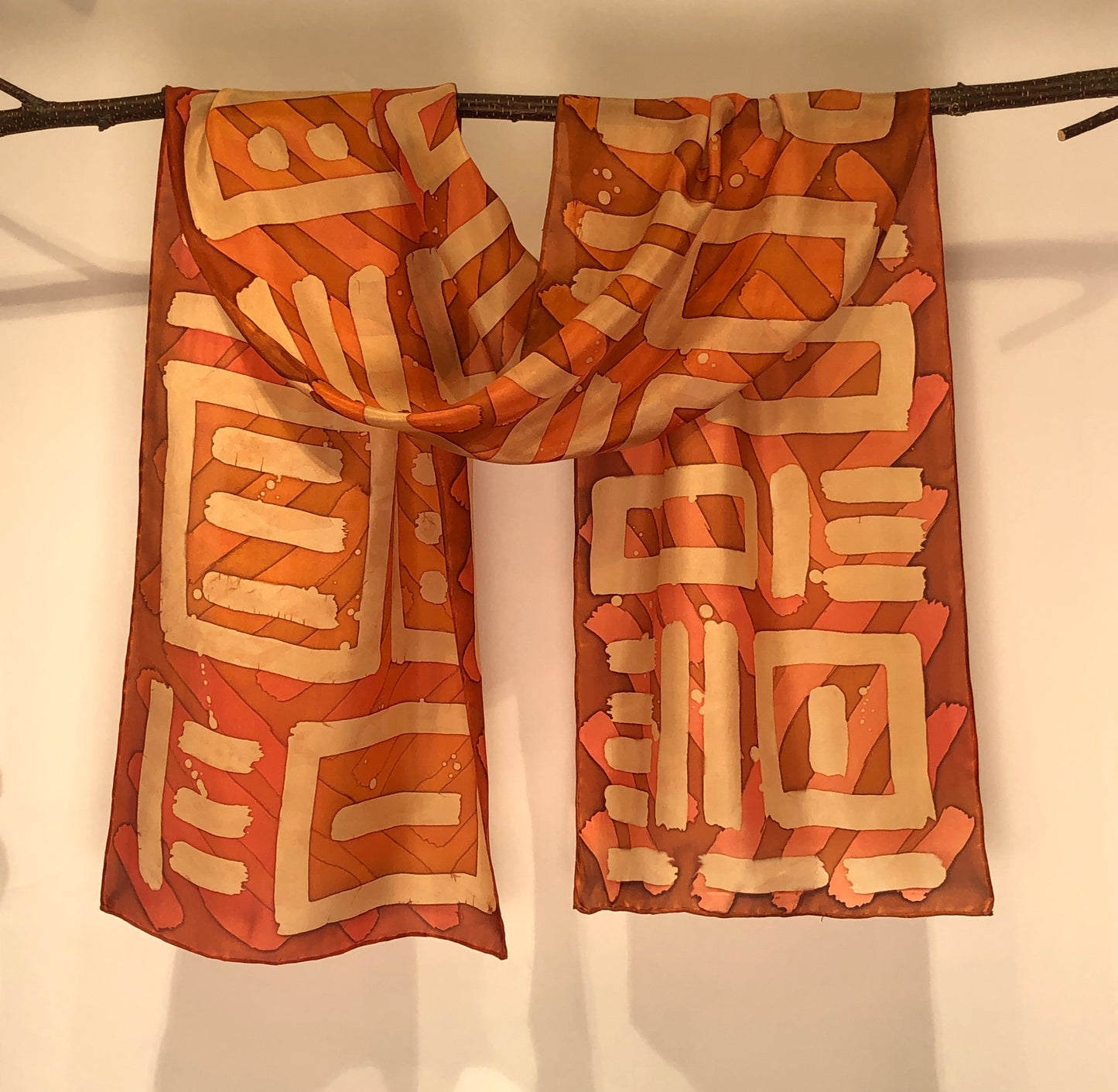 “Rusty Glyphs” - Hand-dyed Silk Scarf - $125