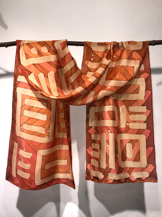 “Rusty Glyphs” - Hand-dyed Silk Scarf - $125