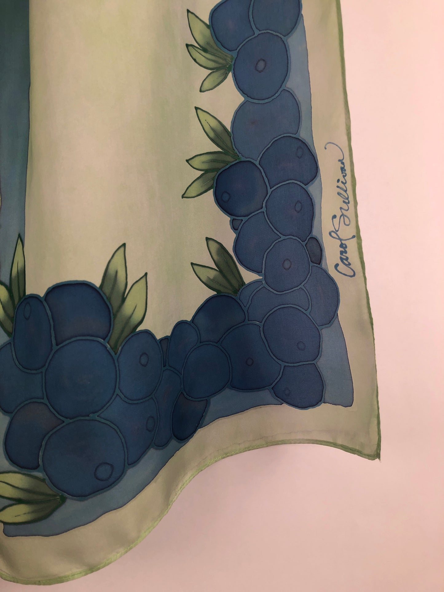 "Maine Blueberries on Green" - Hand-dyed Silk Scarf - $125