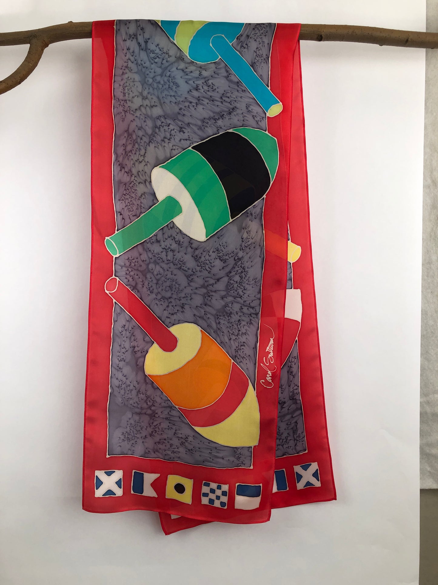 “Lobster Buoys w/ Code Flags" - Hand-dyed Silk Scarf - $135
