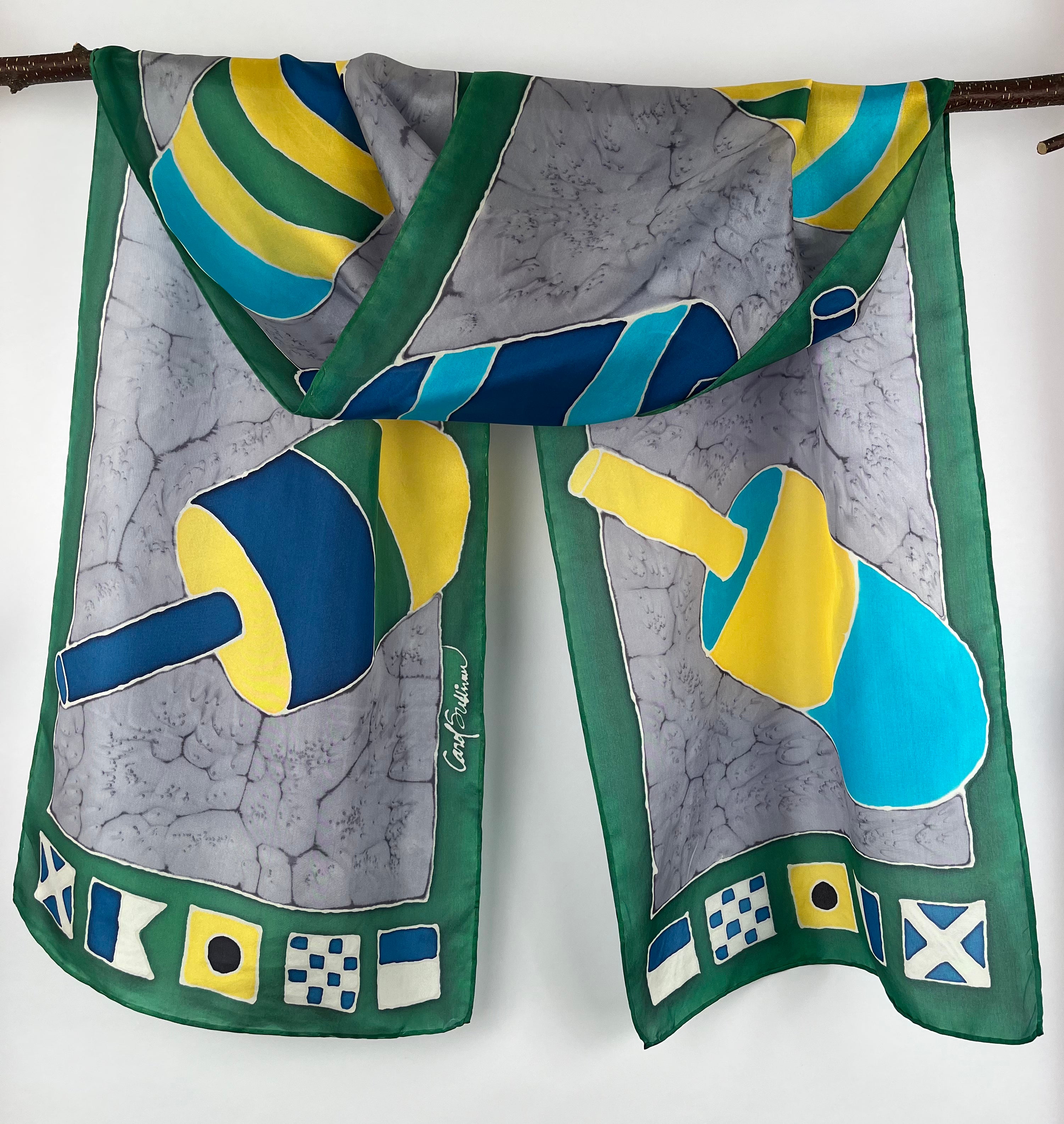 “Lobster Buoys w/ Code Flags V2” - Hand-dyed Silk Scarf - $140
