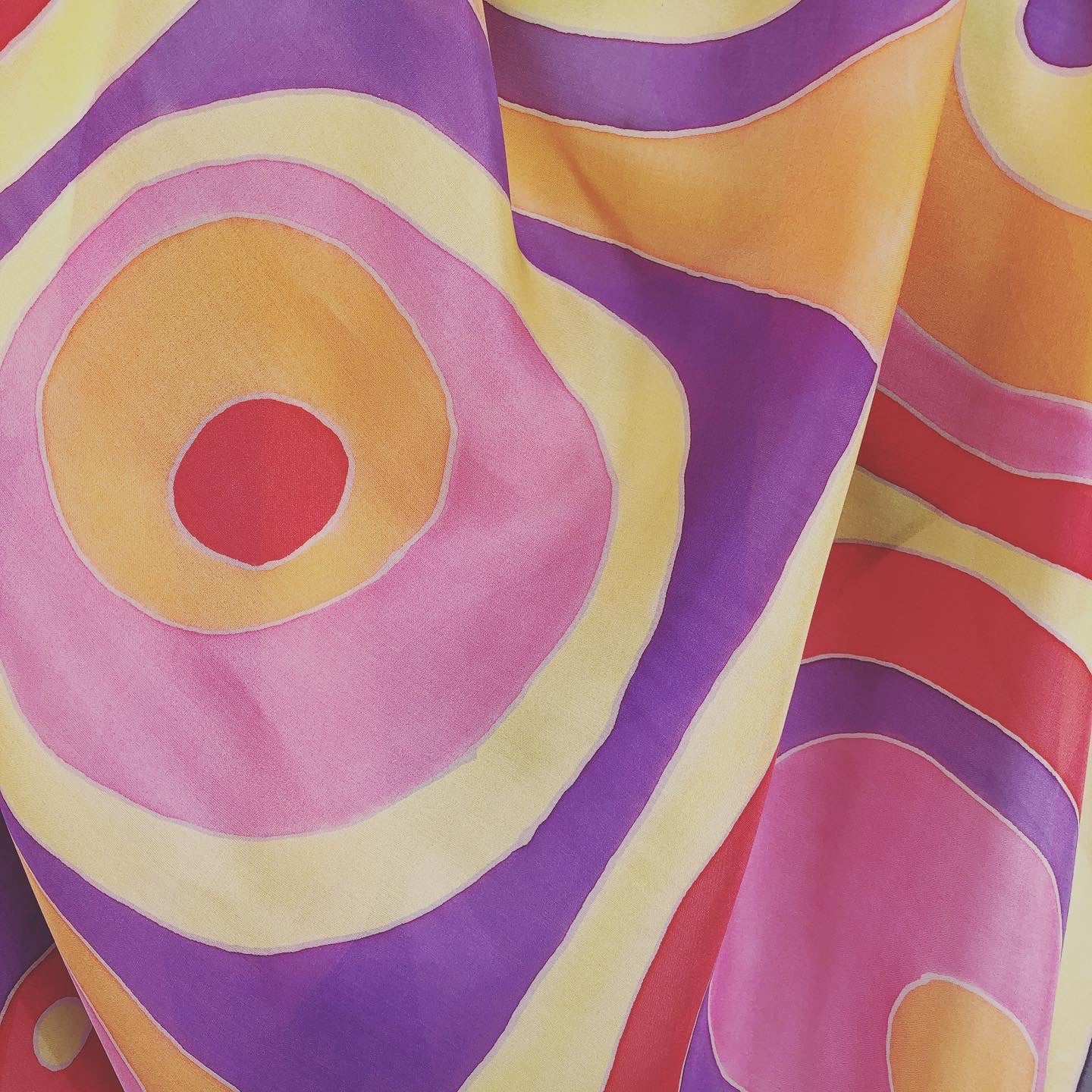 “Warm Circles" - Hand-dyed Silk Scarf - $135