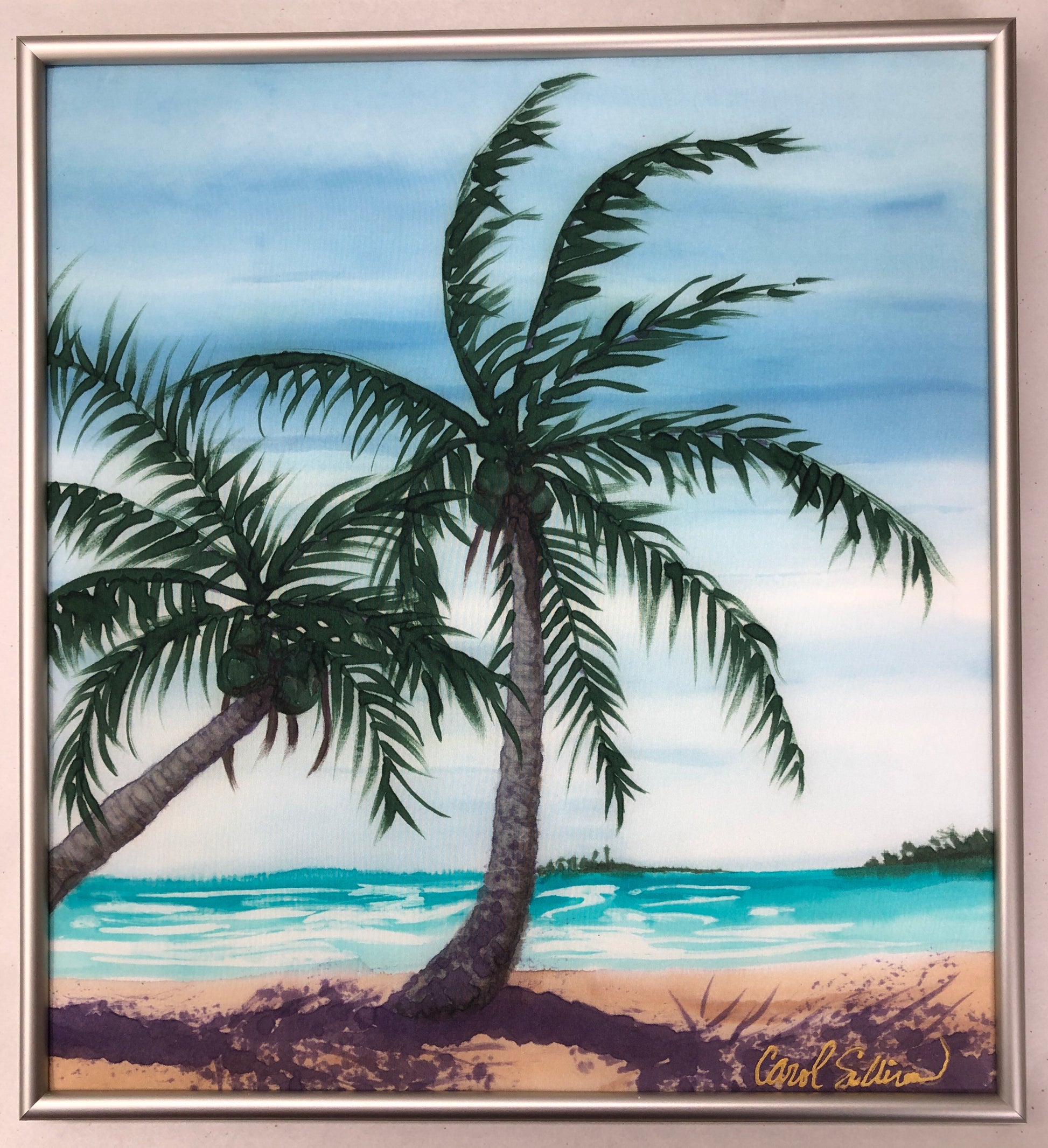 silk coconut palm trees Out Islands” - Painting on Silk