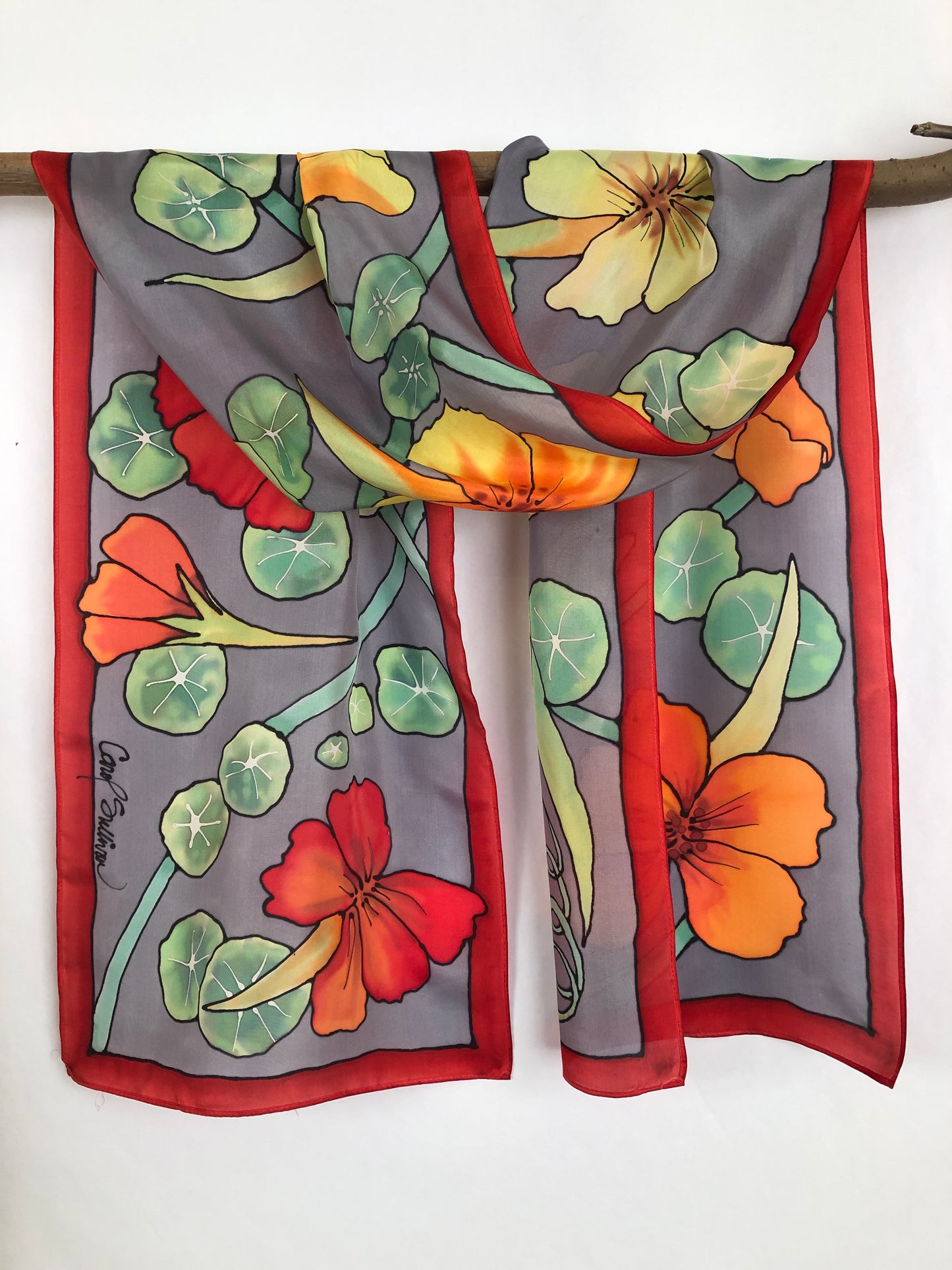 “Nasturtiums v.2" - Hand-dyed Silk Scarf - $145