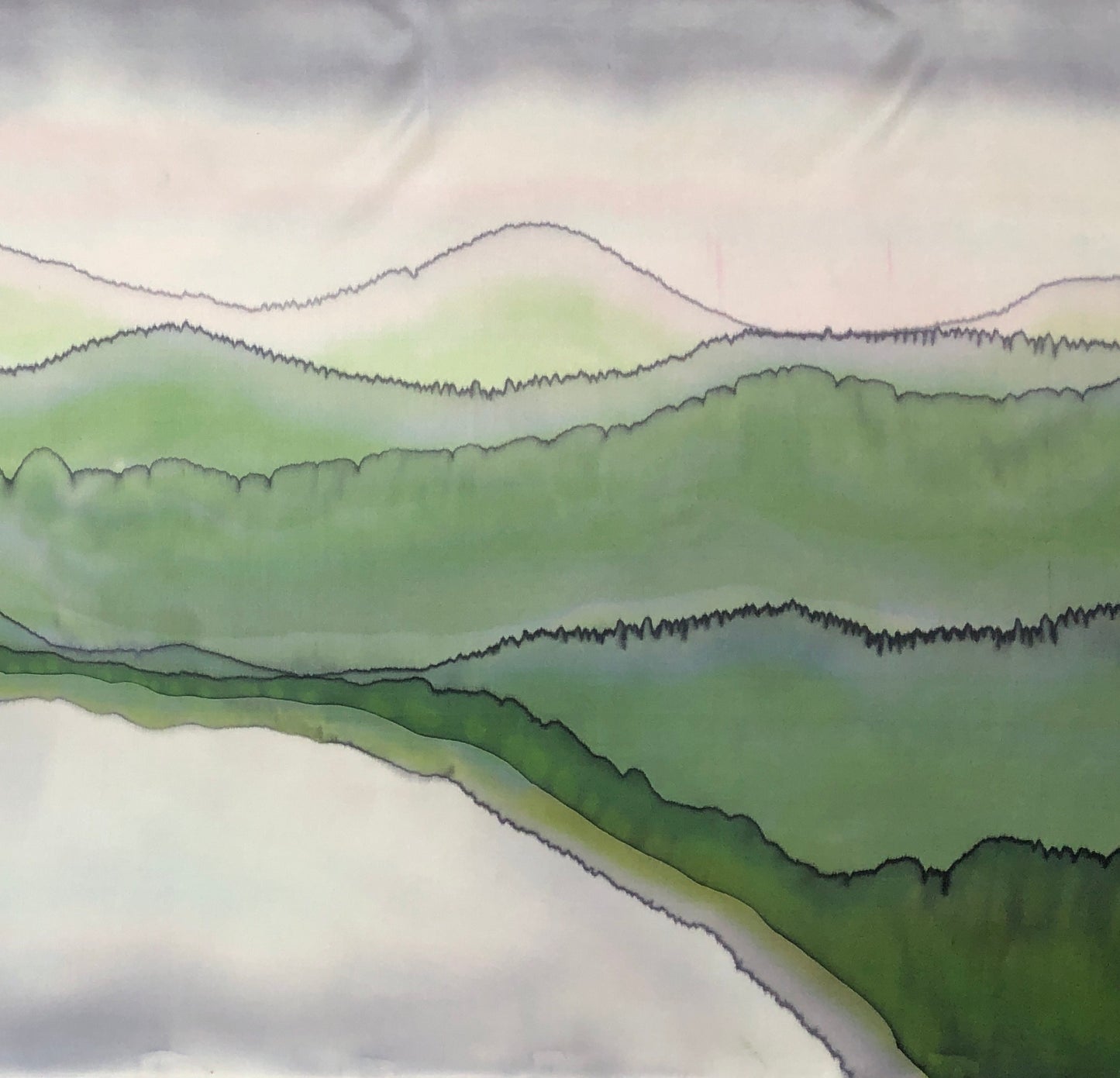 “Misty Mountain Morning" - Silk Wallhanging - $325