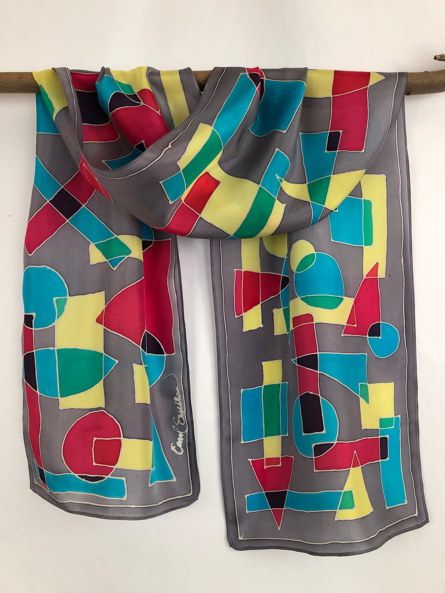 "Cubism on Gray" - Hand-dyed Silk Scarf - $135