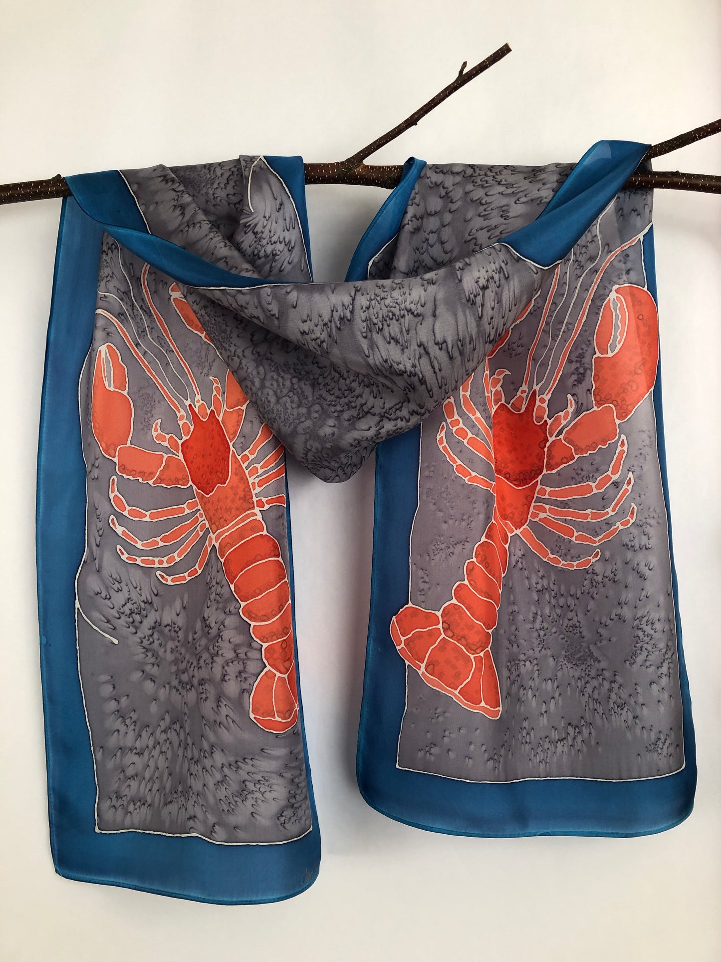 "Love Maine Lobster v1" - Hand-dyed Silk Scarf - $125