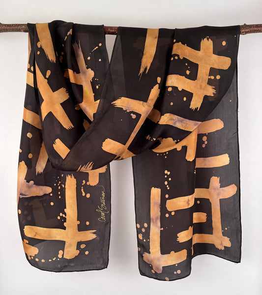 “Gold Glyphs” - Hand-dyed Silk Scarf - $110