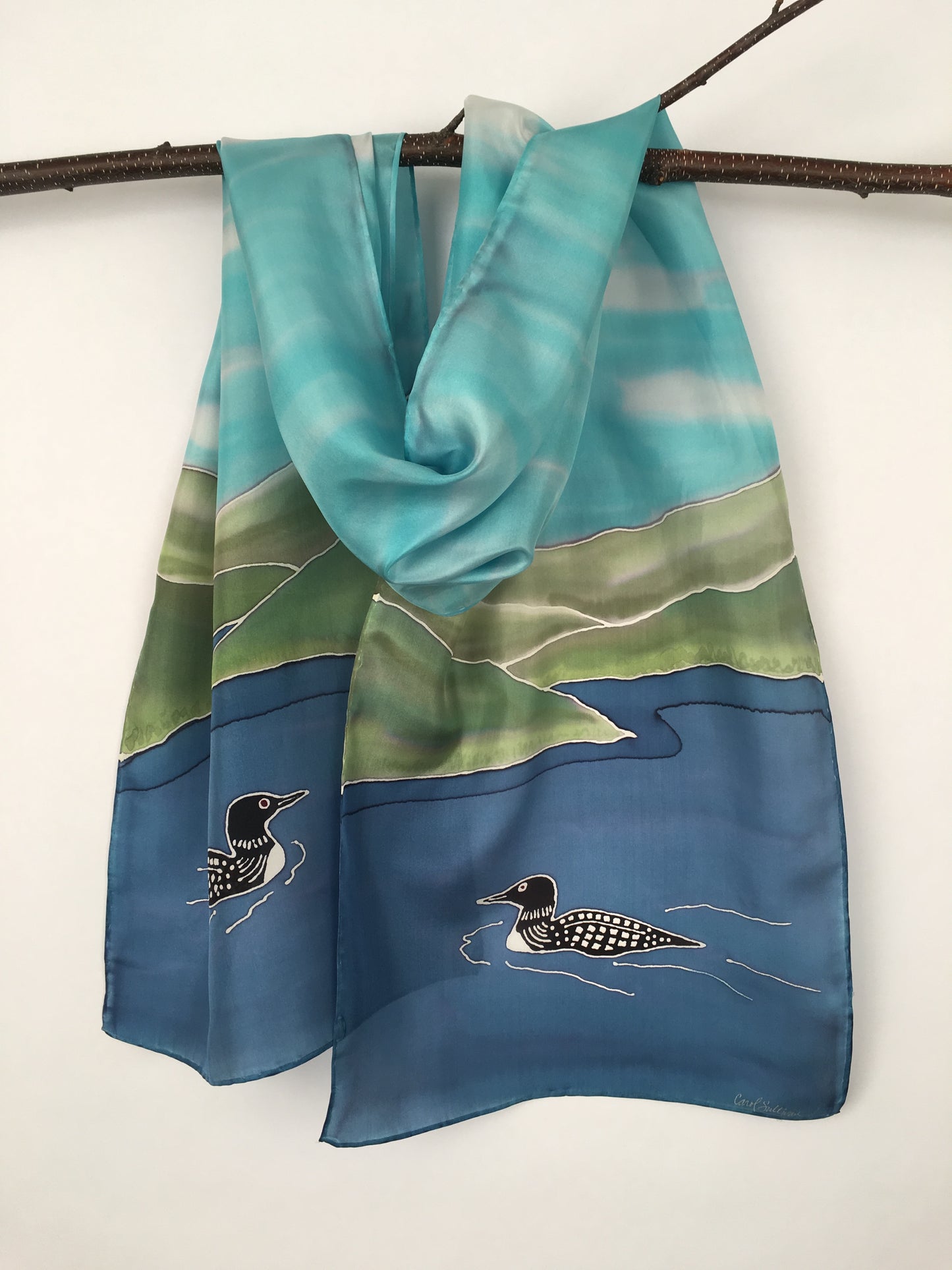 "Loons on the Lake" - Hand-dyed Silk Scarf - $125