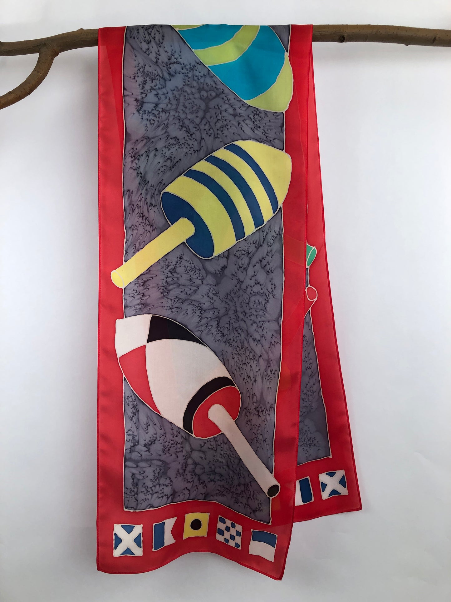 “Lobster Buoys w/ Code Flags" - Hand-dyed Silk Scarf - $135