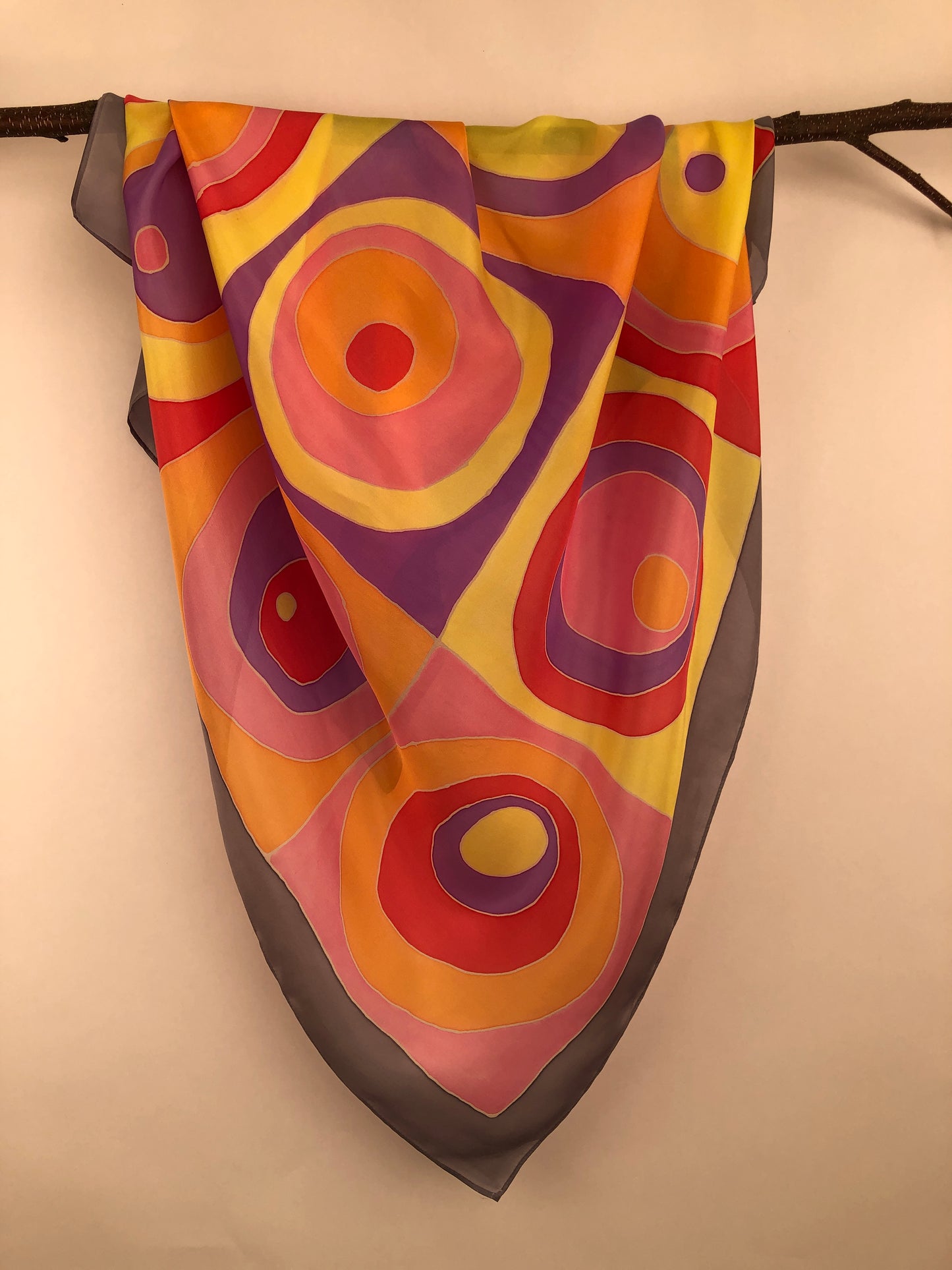 “Warm Circles" - Hand-dyed Silk Scarf - $135