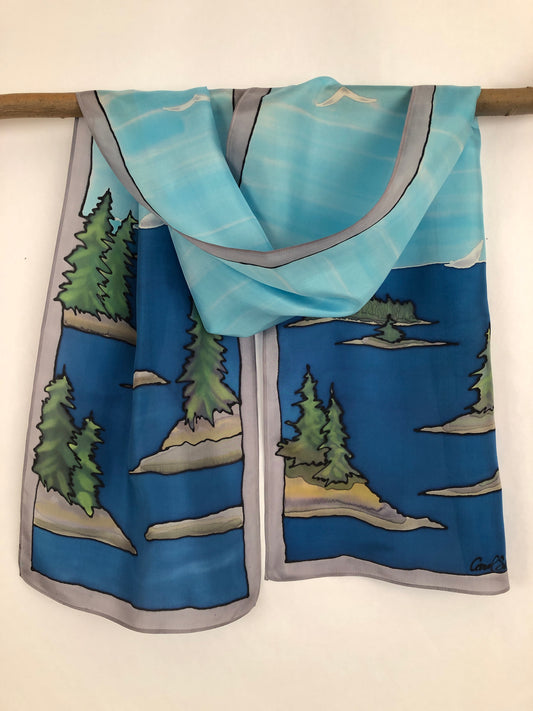 “Coastal Maine Scene v2”- Hand-dyed Silk Scarf - $130