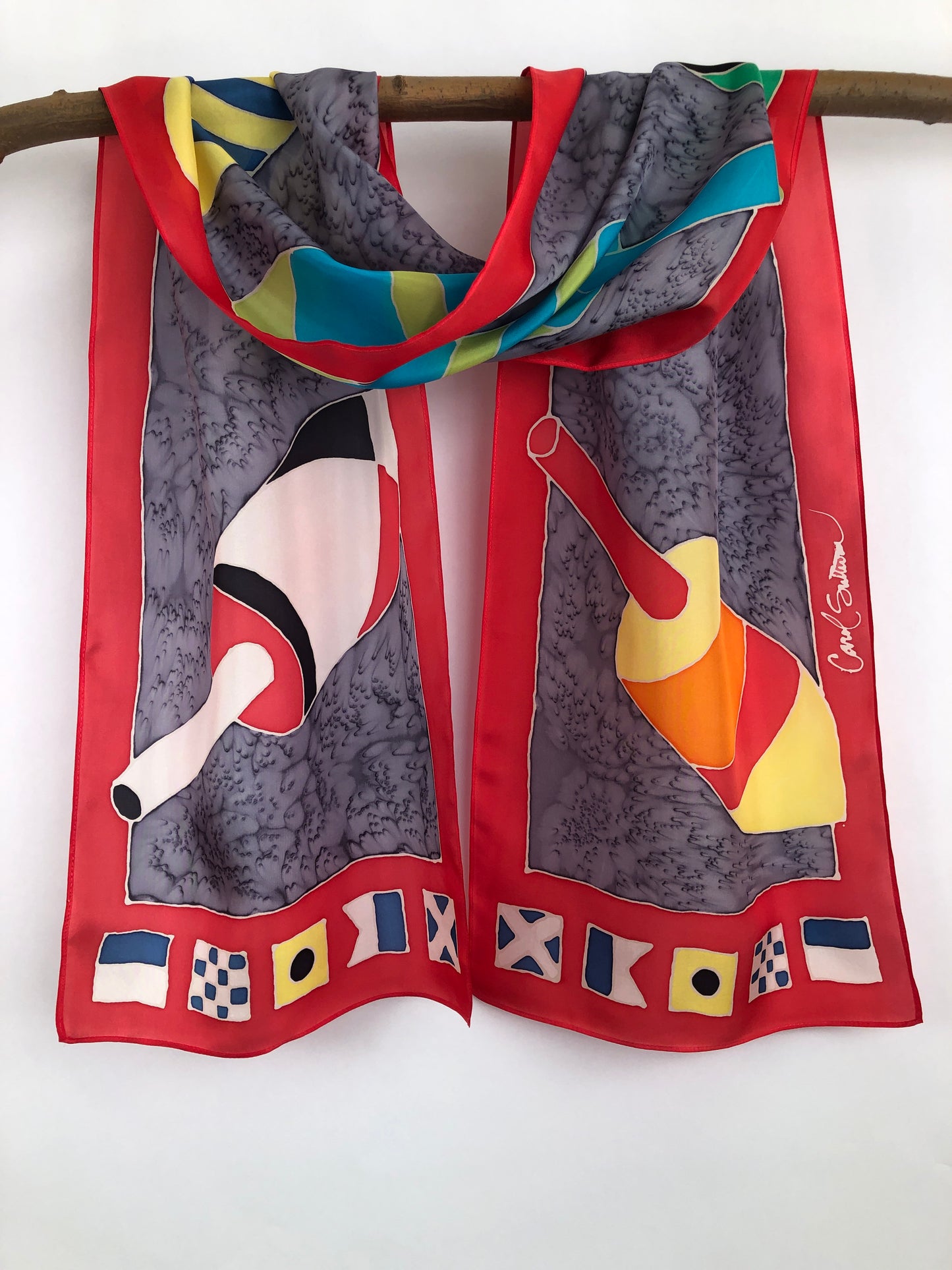 “Lobster Buoys w/ Code Flags" - Hand-dyed Silk Scarf - $135